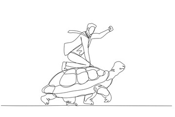businessman riding fast on a turtle concept of high speed development on slow landscape. Single line art style
