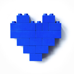 Blue heart from blocks isolated on white background, top view cut out object, design element, shape heart from child construction. Love concept, Valentine card, Toys, games