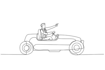 Obraz premium businessman driving red vintage roadster car concept of business success and leadership. One line art style