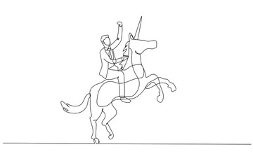 businessman riding a unicorn and having billion dollar valuation company. Single line art style