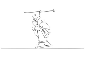 businessman riding chess horse metaphor for business fighting and strategy. Continuous line art style