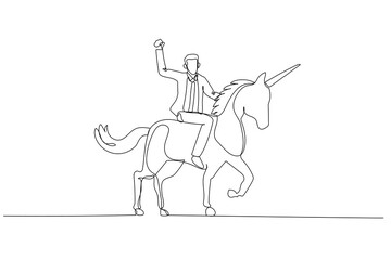 businessman riding a unicorn with the horse only standing on three foot. Single continuous line art style