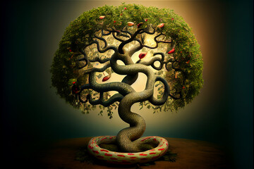 The biblical tree of knowledge with the apples and the serpent, generative AI - obrazy, fototapety, plakaty