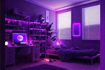 Typical teenage bedroom interior with a purple led light illumination, generative AI