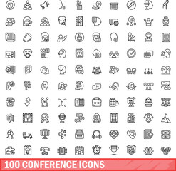 100 conference icons set. Outline illustration of 100 conference icons vector set isolated on white background