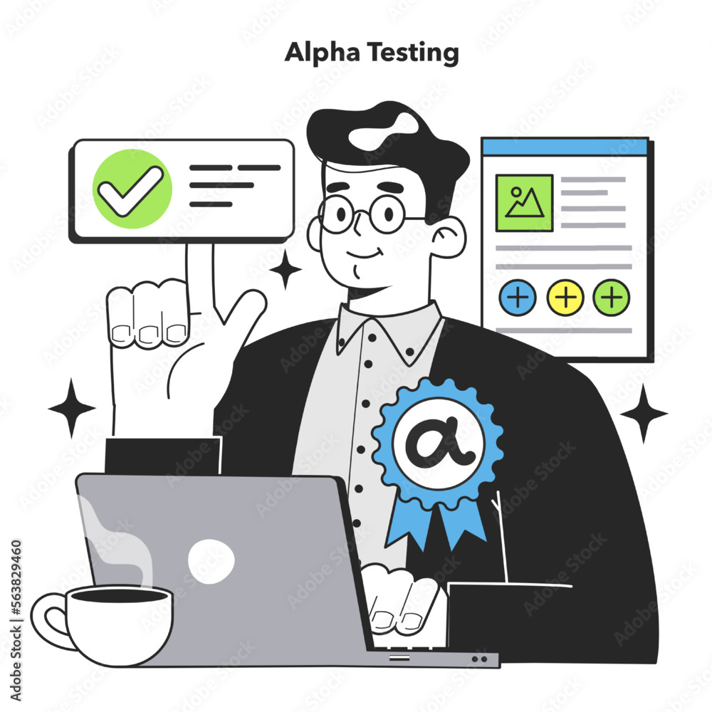 Poster alpha testing technique. software testing methodology. it specialist