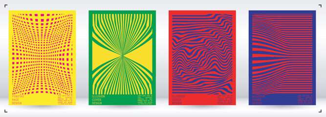 Geometrical Poster Design with Optical Illusion Effect.  Modern Psychedelic Cover Page Collection. Colourful Wave Lines Background. Fluid Stripes Art. Swiss Design. Vector Illustration for Brochure.