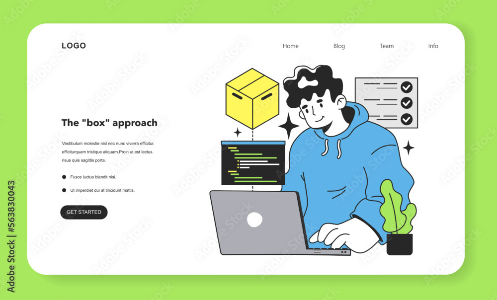 Poster the box approach web banner or landing page. software testing methodology