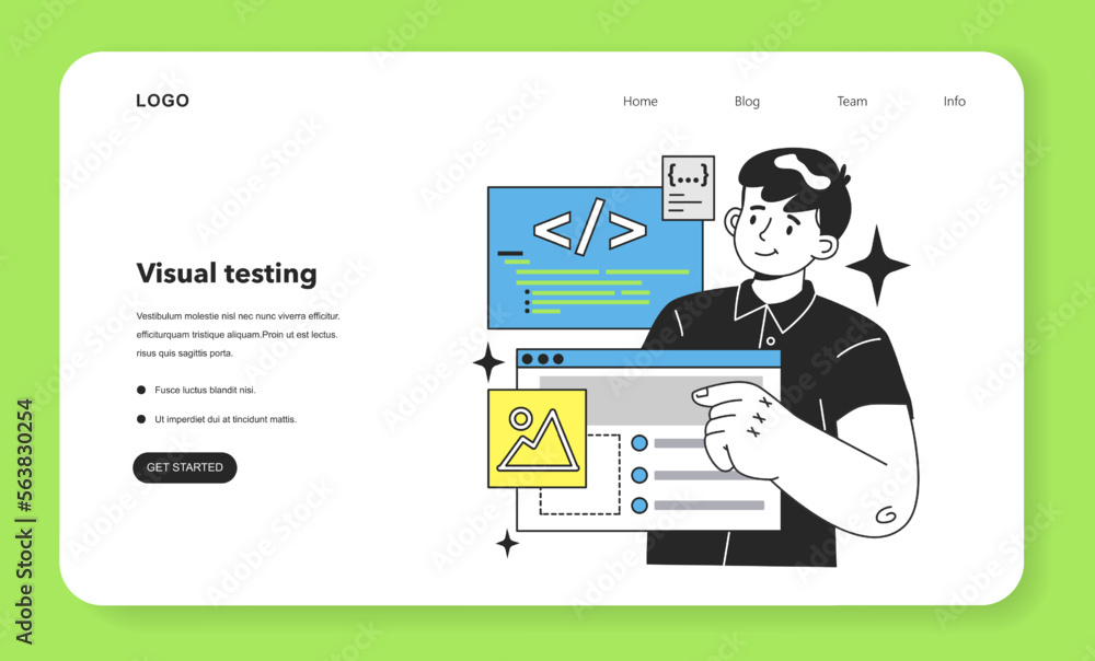 Poster visual testing web banner or landing page. software testing methodology.