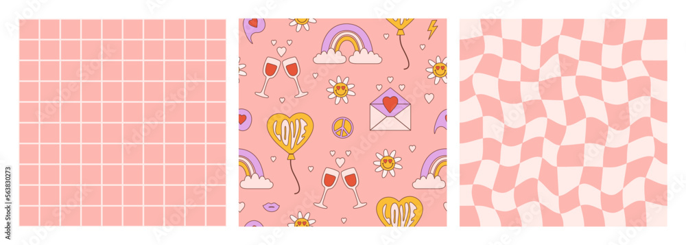 Poster groovy romantic set seamless patterns. vector texture in trendy retro 60s, 70s cartoon style. pastel