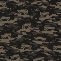 Camouflage texture with SUV off road cars seamless pattern. Abstract modern military endless camo texture for fabric and fashion textile print. Vector illustration. © Алексей Панков