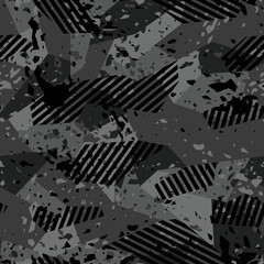Grunge geometric camouflage texture seamless pattern. Abstract modern endless split polygonal and striped trendy ornament for fabric and fashion textile print. Vector background.