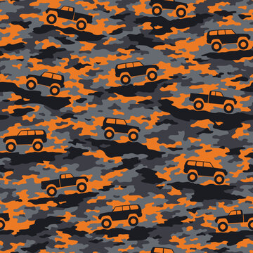 Camouflage texture with SUV off road cars seamless pattern. Abstract modern military endless camo texture for fabric and fashion textile print. Vector illustration.