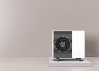 Fototapeta Air heat pump on beige background. Modern, environmentally friendly heating. Air source heat pumps are efficient and renewable source of energy. Free, copy space for your text, advertising. 3d render. obraz