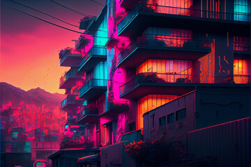Cityscape where buildings are melting like wax, with rivers of neon colors flowing through streets.
