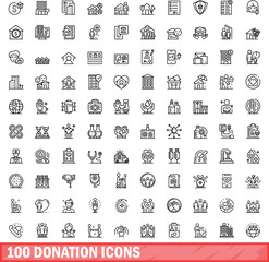 100 donation icons set. Outline illustration of 100 donation icons vector set isolated on white background