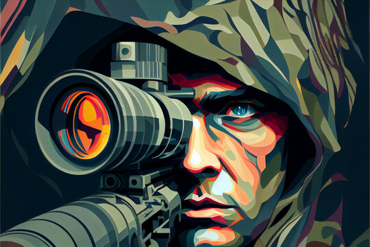 Sniper soldier looks through the scope of his M24 sniper rifle, expensive cubism.
