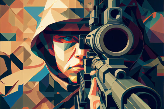Sniper soldier looks through the scope of his M24 sniper rifle, expensive cubism.