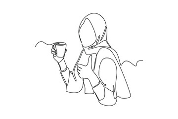 Single one line drawing muslim woman breaking fast with drinking water. Ramadan activity Concept. Continuous line draw design graphic vector illustration. © klikline