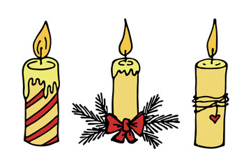 Burning christmas candle with spruce branches. Single doodle illustration. Hand drawn clipart for card, logo, design