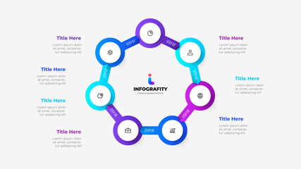 Vector infographic. Cycle diagram with 7 options. Heptagon with circles connected by arrows.
