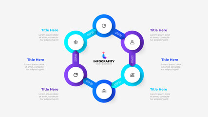 Vector infographic. Cycle diagram with 6 options. Hexagon with circles connected by arrows