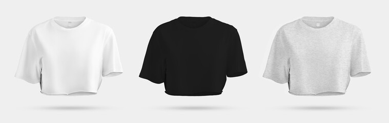 Mockup of women's crop top, white, black, heather t-shirt 3D rendering, front view, for design, print, advertising.