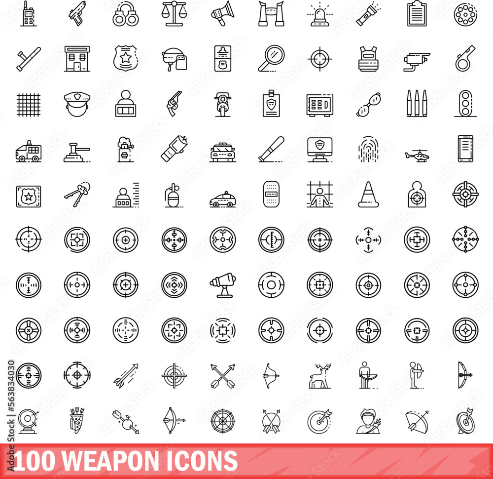 Poster 100 weapon icons set. outline illustration of 100 weapon icons vector set isolated on white backgrou