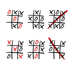 Tic tac toe in Hand drawn style. Doodle black line tic tac toe templates isolated on white background. Vector illustration.