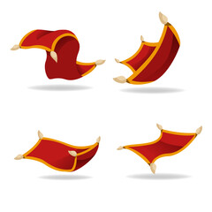 Fairytale Persian magic carpet flying isolated on white background. Cartoon miracle rug plane symbol vector graphic illustration. Fantasy textile transport