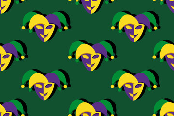 Seamless pattern with mardi gras mask on green background in cut out paper style. Endless colorful carnival backdrop. Harlequin Mask. 