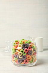 Concept of breakfast food, colorful corn flakes, close up