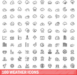 100 weather icons set. Outline illustration of 100 weather icons vector set isolated on white background