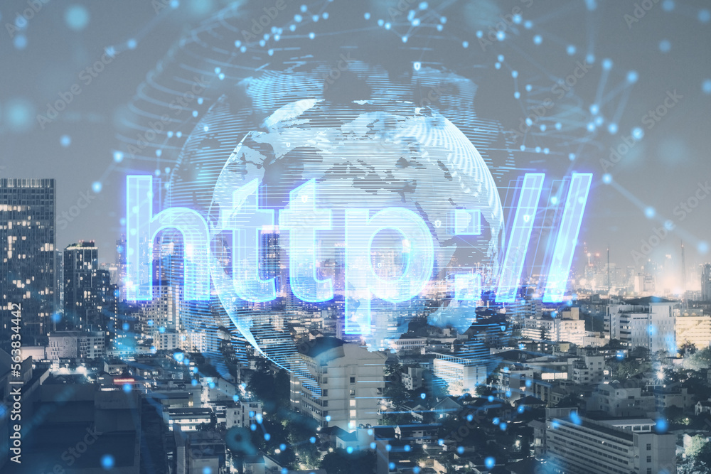 Aufkleber abstract polygonal globe with web hologram on blurry illuminated night city background. technology, 