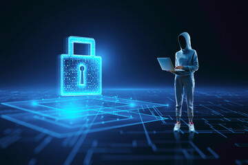 Hacker with laptop and glowing padlock hologram on dark blue background. Secure, safety and...