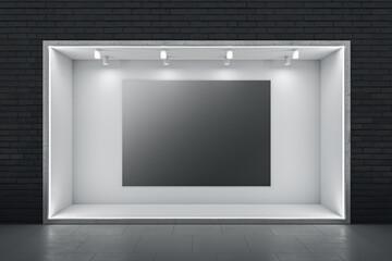 Front view on big blank black poster with space for your logo or text on white illuminated niche wall in abstract empty hall with dark brick wall background and glossy floor. 3D rendering, mockup