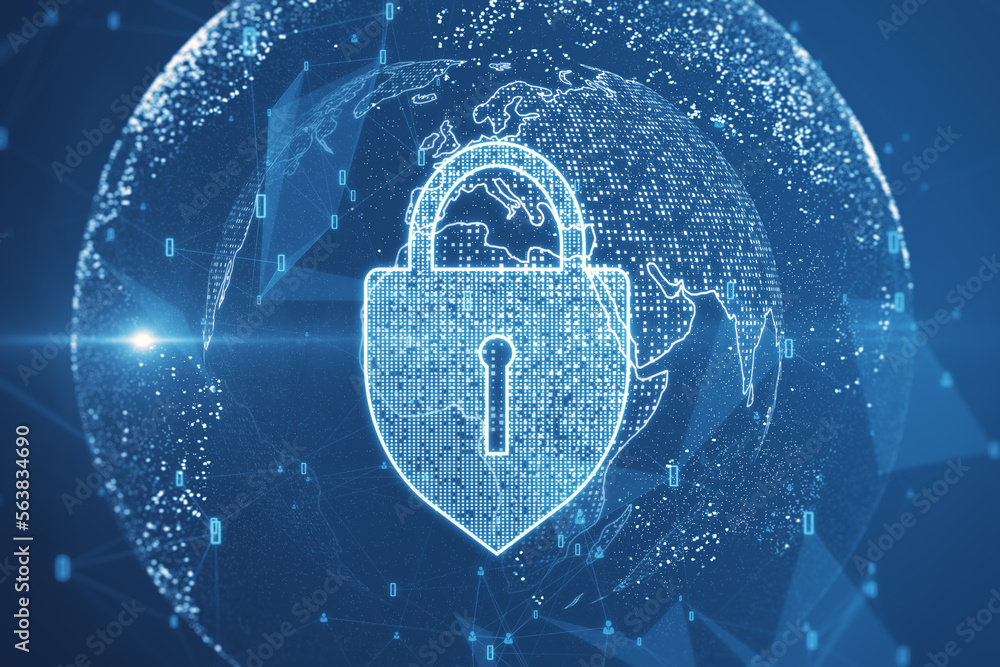 Poster Internet privacy and cyber protection concept with digital pad lock and glowing world map in sphere on abstract blue background. 3D rendering