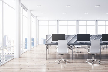 Simple spacious bright coworking office interior. Wooden and concrete materials. Panoramic window with city view and daylight. Corporation, law and legal concept. 3D Rendering.