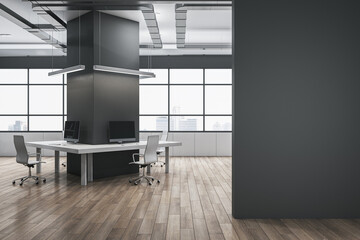 coworking office interior with blank mock up place on wall. Wooden flooring and concrete materials. Panoramic window with city view and daylight. Corporation, law and legal concept. 3D Rendering.