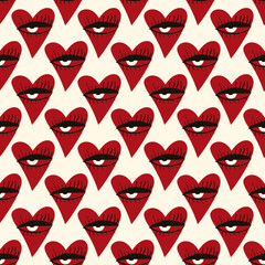 Valentines Day pattern with ugly funky hearts. Groovy cute love characters. illustration in doodle style