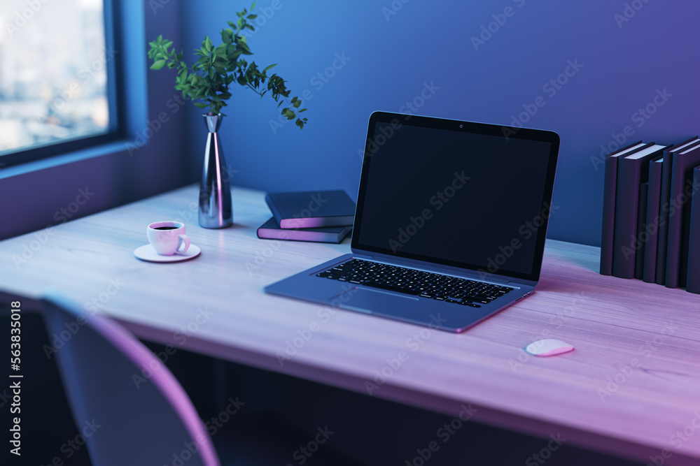 Aufkleber Close up of creative designer desktop with empty mock up laptop screen and other items. Workplace concept. 3D Rendering.