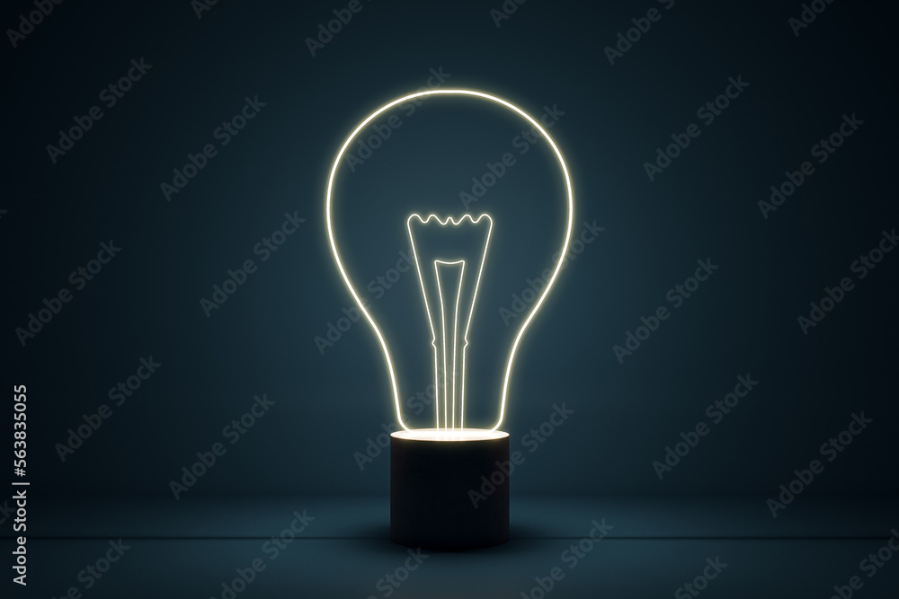 Poster Innovation and creative idea concept with digital illuminated light bulb on dark background. 3D rendering