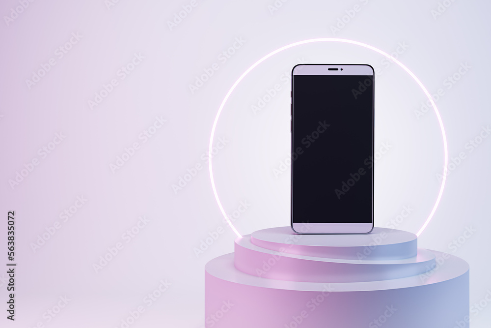 Poster Empty smartphone with creative glowing round banner and mock up place on screen. Advertisement and fashion concept. 3D Rendering.