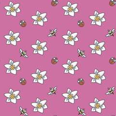 Seamless pattern. Pink background with flowers. Garden pattern. Wallpaper with daffodils, ladybug, bee.