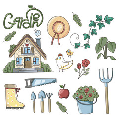Garden set. Collection: chicken, rose, plants, house, garden tool, hat, chicken.
