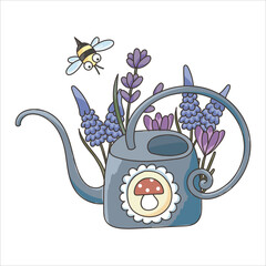 Garden tool, watering can, field flowers, lavender, bee. Cute doodle drawing. Card.