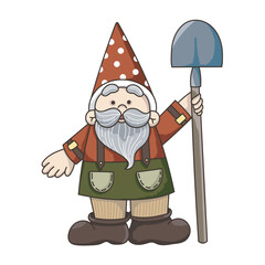 Garden gnome. Dwarf with a shovel. Cute doodle drawing. Children's illustration.