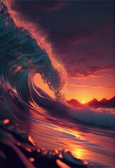 a close-up to the shiny waves on the sunset. generative ai