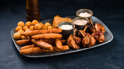Snack plate duck legs, cheese balls, chicken fillet, bread sticks and sauces.