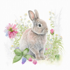 Small young rabbit is sitting in field among wild flowers and grass